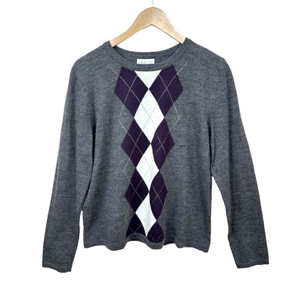 TWEEDS 100% Merino Wool Sweater Button Shoulder Gray Purple White Women’s Sz XL - Picture 1 of 11